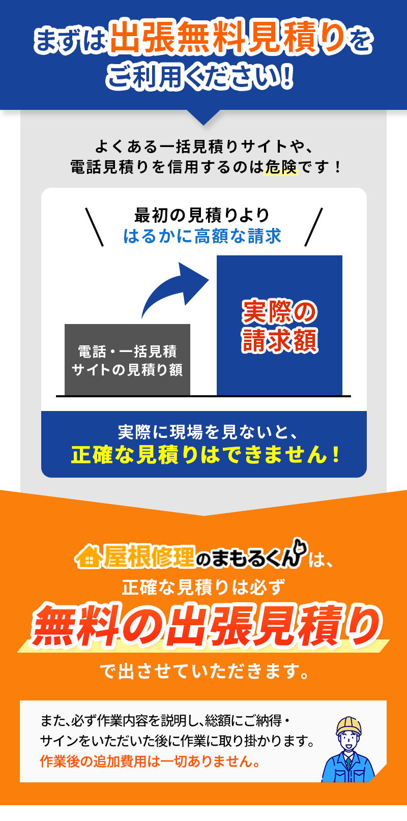 まずは出張無料見積りをご利用ください！よくある一括見積りサイトや電話見積りを信用するのは危険です！実際に現場を見ないと正確な見積りはできません！屋根修理のまもるくんは正確な見積りは必ず無料の出張見積りで出させていただきます。また必ず作業内容を説明し、総額にご納得・サインをいただいた後に作業に取り掛かります。作業後の追加費用は一切ありません。